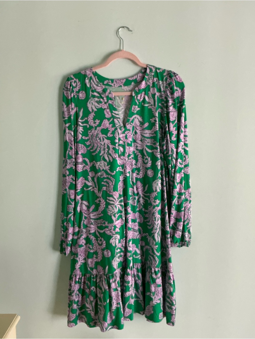 Lilly Pulitzer Alyssa Dress Green with Pink Floral Long-Sleeve V-Neck MEDIUM